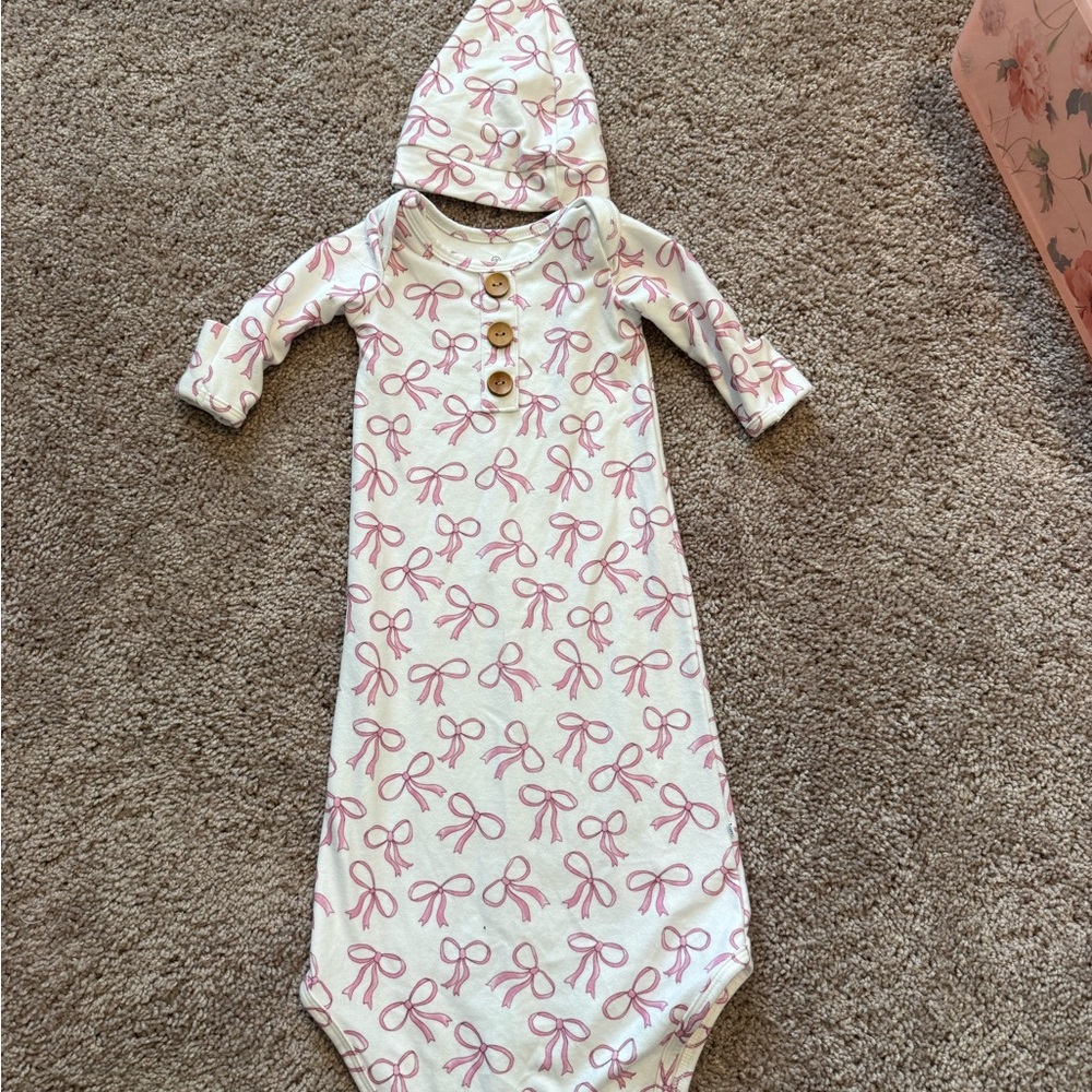 Caden Lane Baby Gown and hat with Pink Bow Pattern